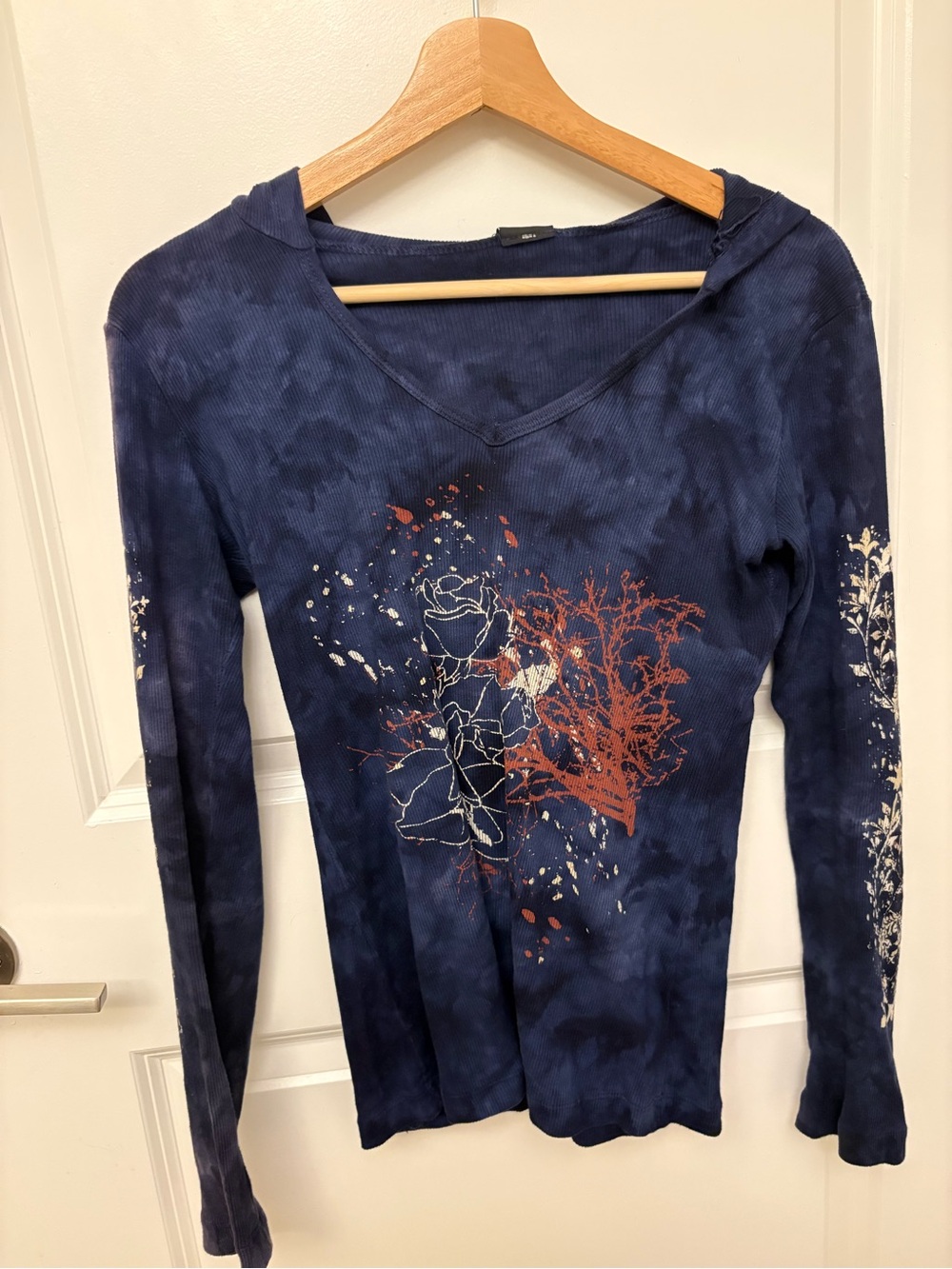 Sledge USA Y2K Navy Tie Dye Hooded Long Sleeve Top Rose Botanical Graphic Emo S